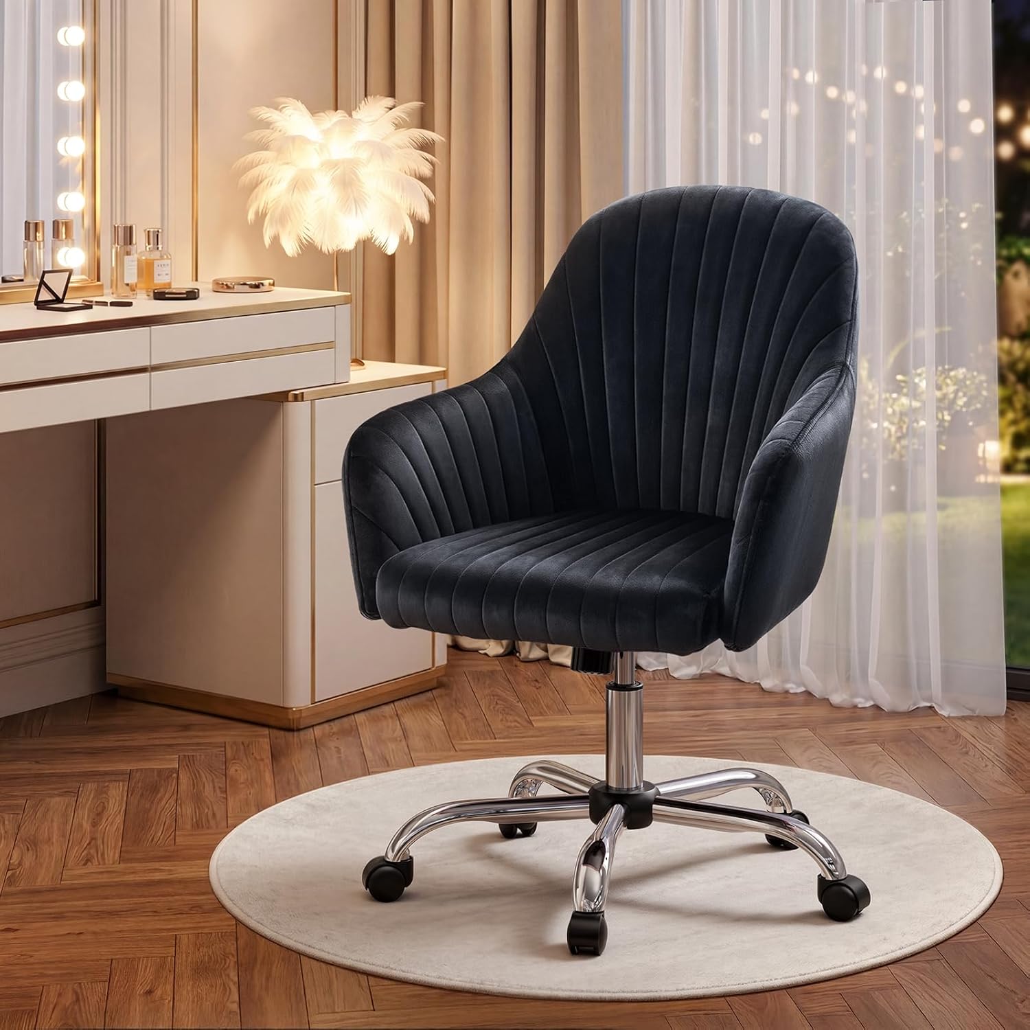 Warmiehomy Velvet Desk Chair for Home Office, Modern Adjustable Swivel Task Chair, Women Vanity Chairs with Arm Rest for Bedroom Dressing Room, Classic Black