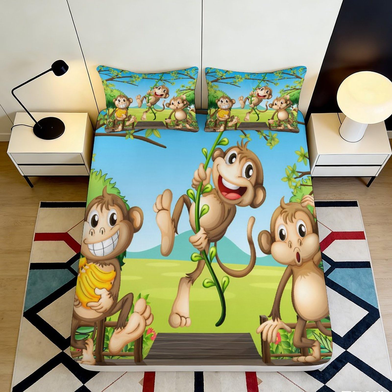 3D Printed Cartoon Monkey Fitted Sheet Microfiber Deep Pocket Full Wrap Non-Slip Cartoon Monkey Mattress Fitted Cover Washable for Adults Teens 200x200x25cm