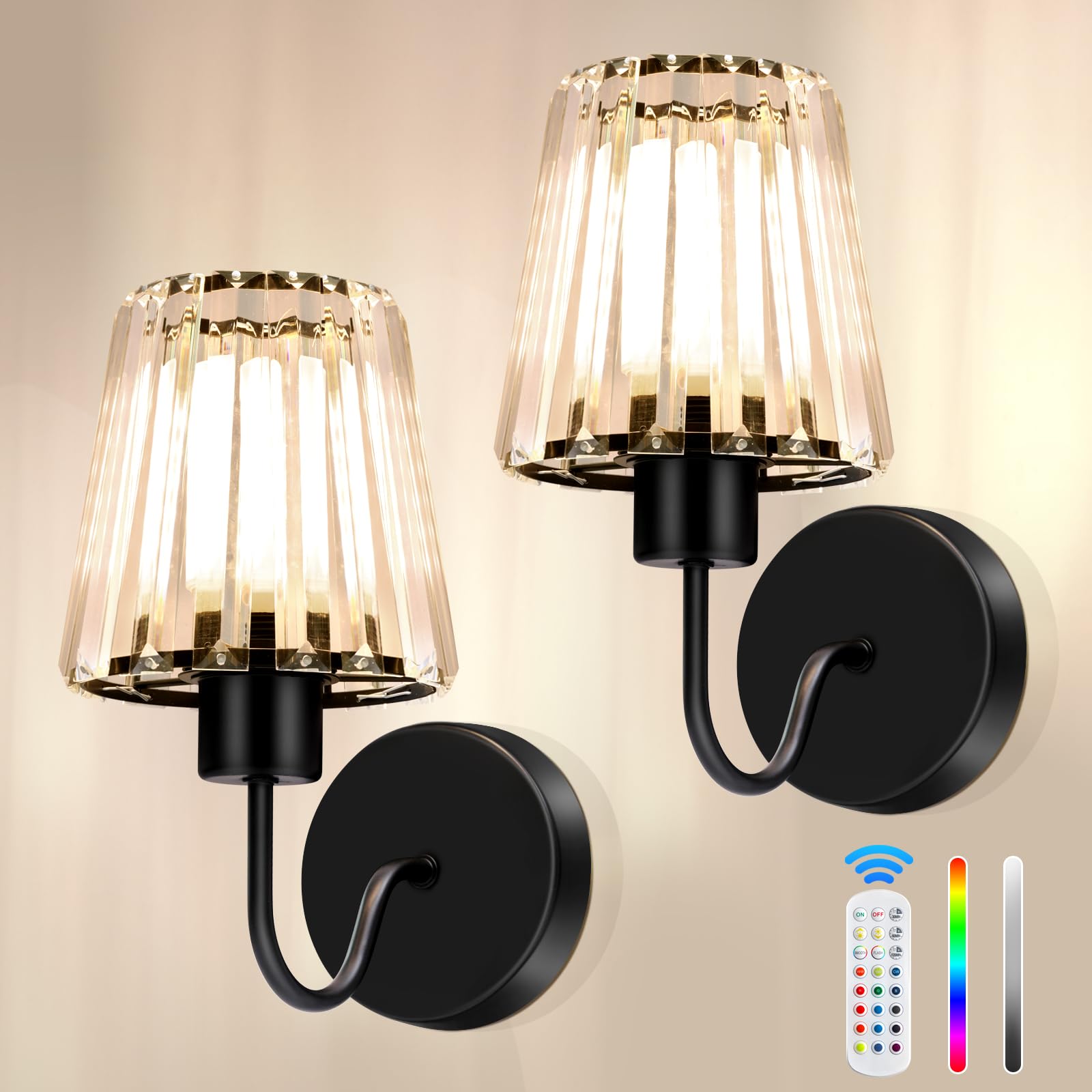 Crystal Battery Operated Wall Sconces Set of Two for Bedroom, Black