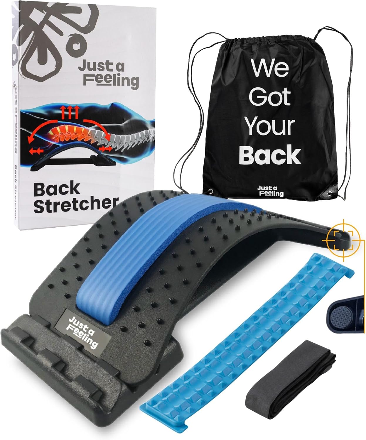 Just A Feeling - Back Stretcher for Pain Relief, 3 Adjustable Levels, Non-Slip Base, Chair Strap, Aditional Silicon pad, Carrying Bag, Back Popper for Back Pain