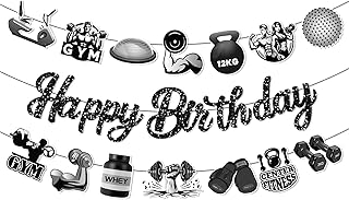 Gym Happy Birthday Banner, Bodybuilding Party Sign Decorations, Fitness Men Women Theme Supplies, Weightlifting Bday Decor