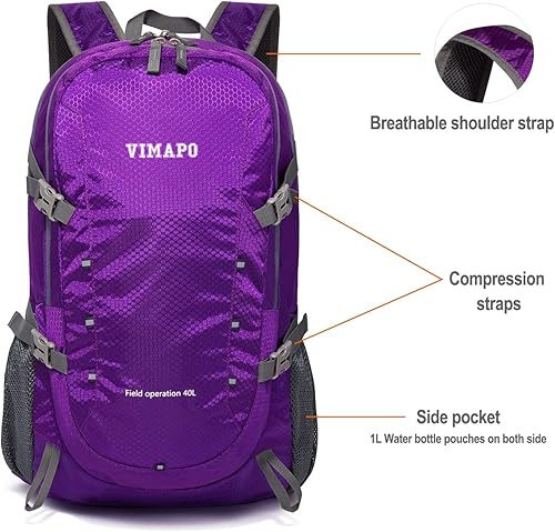 Miniatura 3 de Mochila de senderismo ligera de 40 L, mochila plegable de viaje para hombres y mujeres, mochila, Púrpura, Mochilas de