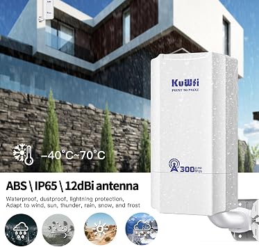 KuWFi 300Mbps Outdoor Wireless Bridge Kit - 1KM Long Range Point to Point System for CCTV, Starlink Signal Extension & Network Backbone, with 100Mbps Port, 2.4Ghz CPE