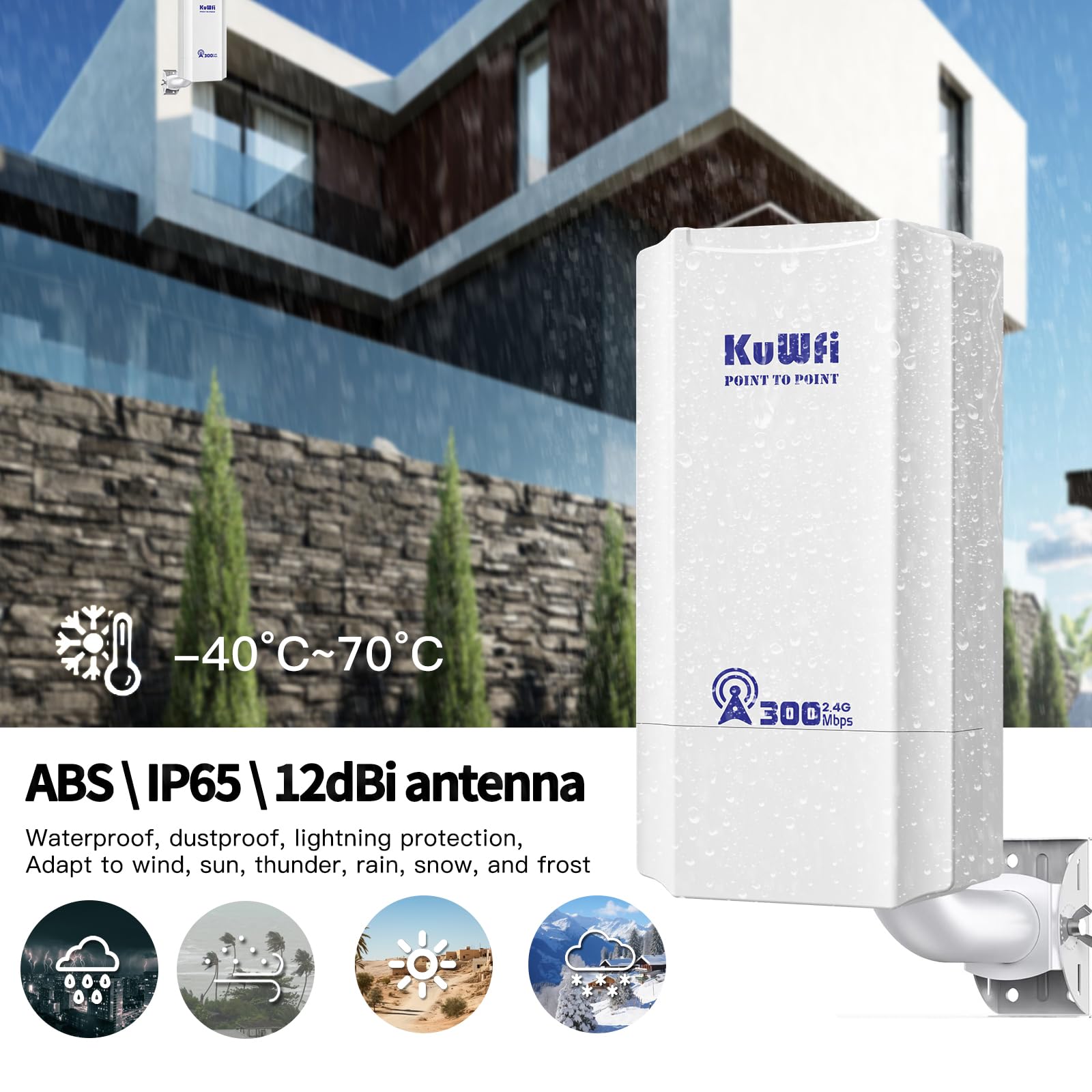 Externer Zugriffspunkt, KuWFi 2.4G Wireless Brücke 300Mbps,8dBi Externe Wifi Antenne CPE mit LED-Display zur Konfiguration des WDS PT/PTMP,1KM Long Range Point to Point WiFi für Übertragung/Kamera