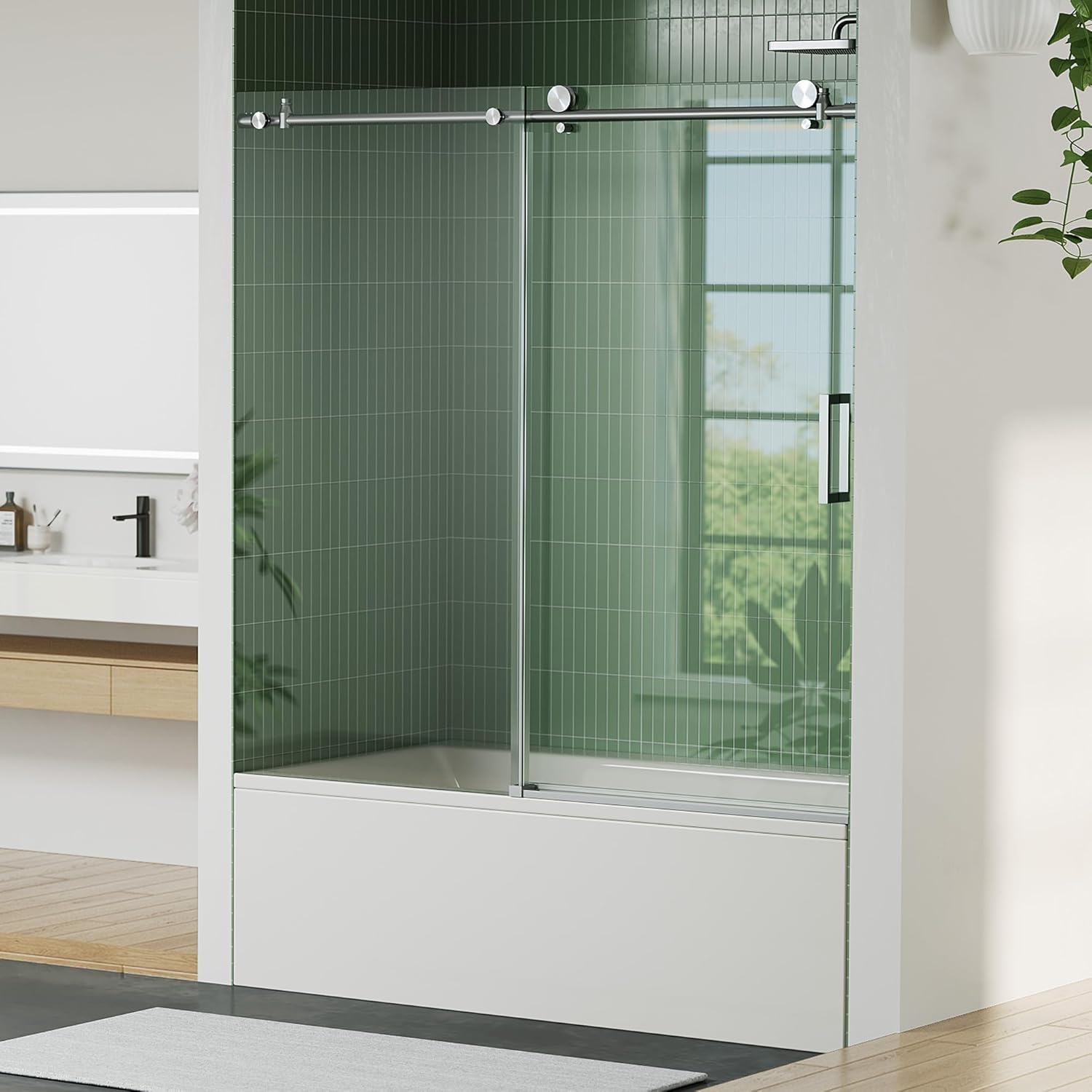 Semi-Frameless Sliding Shower Door - 56 to 60 Inch Adjustable Width x 59 Inch High, 6mm Coated Tempered Glass with Easy Clean, One Fixed & One Sliding Panel, Stainless Steel Round Rail, Brushed Nickel