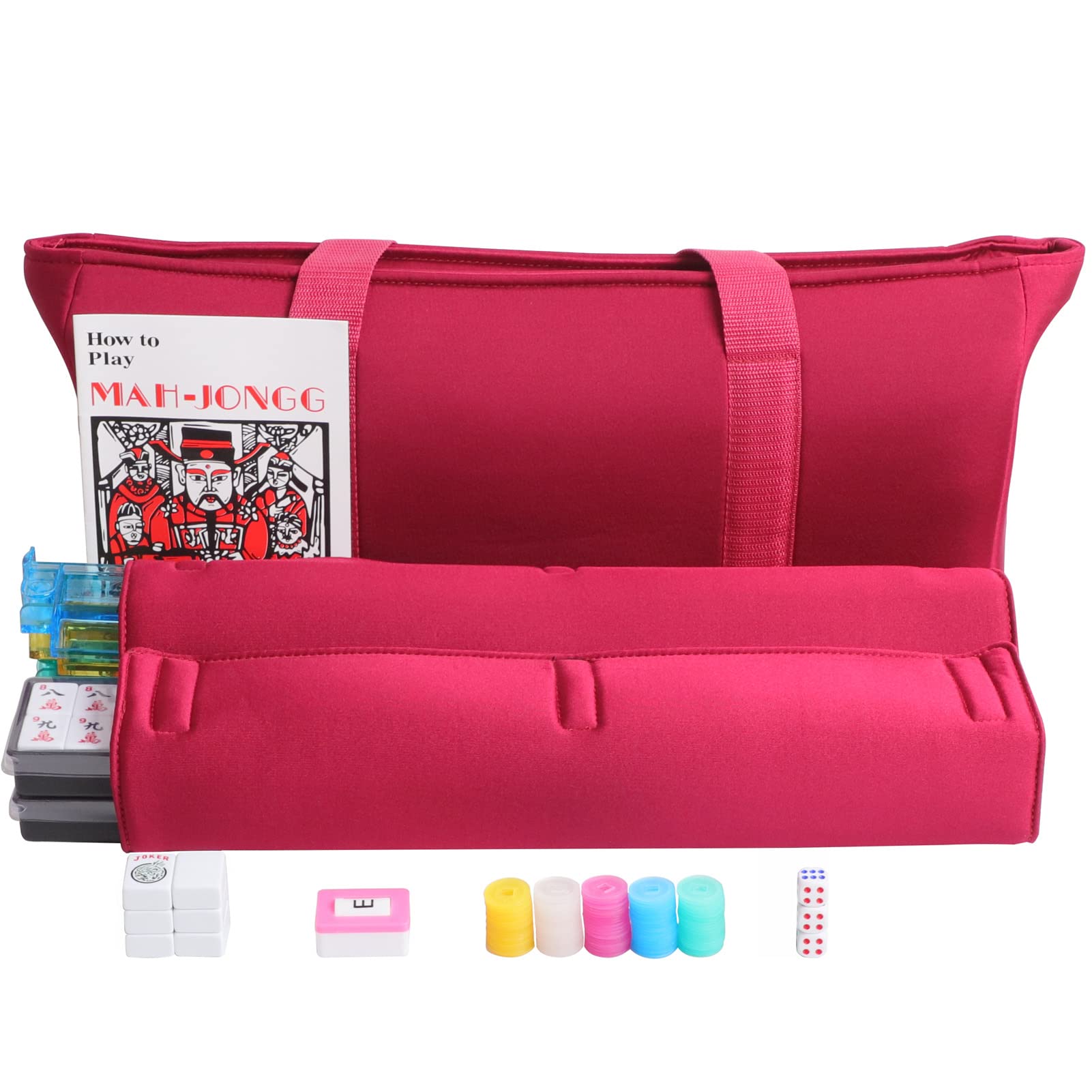 Mah Jong Americano Con Estantes Juego Completo De Mahjong Americano - 166 Fichas, 4 Colores, Incluye Estantes/Empujadores Y Bolsa De Transporte Mahjong Con Estantes Y Bolsa Roja