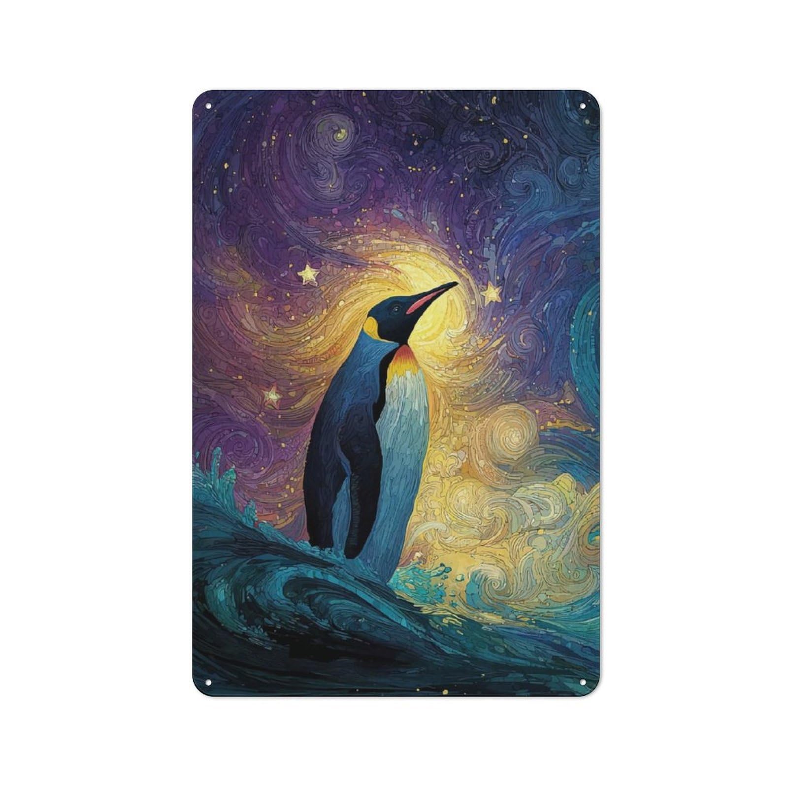 Junmoney Penguin Starry Night Vintage Metal Sign 30X20cm, Bistro Style Bistro Wall Plaque For Cafe, Bistro, Bakery Or Restaurant