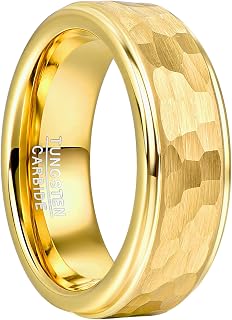 8mm Tungsten Rings Gold Hammer Tungsten Wedding Bands Rings Electroplated Ring Polished Domed Rings Brushed Step Edge Comfort Fit Size N-X1/2