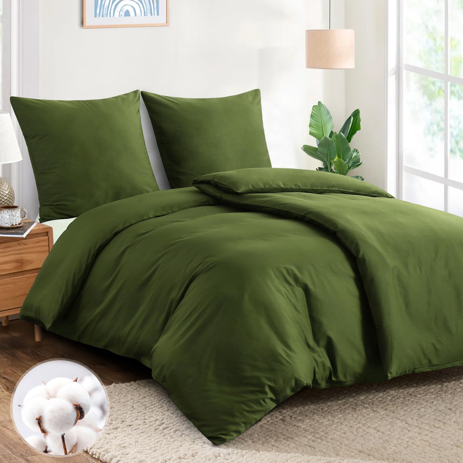 Aisbo Bettwäsche 135x200 Baumwolle 4teilig - Bettwäsche-Sets Olivgrün Bettbezug 2er Set mit 2 Kissenbezüge 80x80 cm, Baumwollbettwäsche Set, Oeko-TEX Bettwäsche Grün mit Reißverschluss
