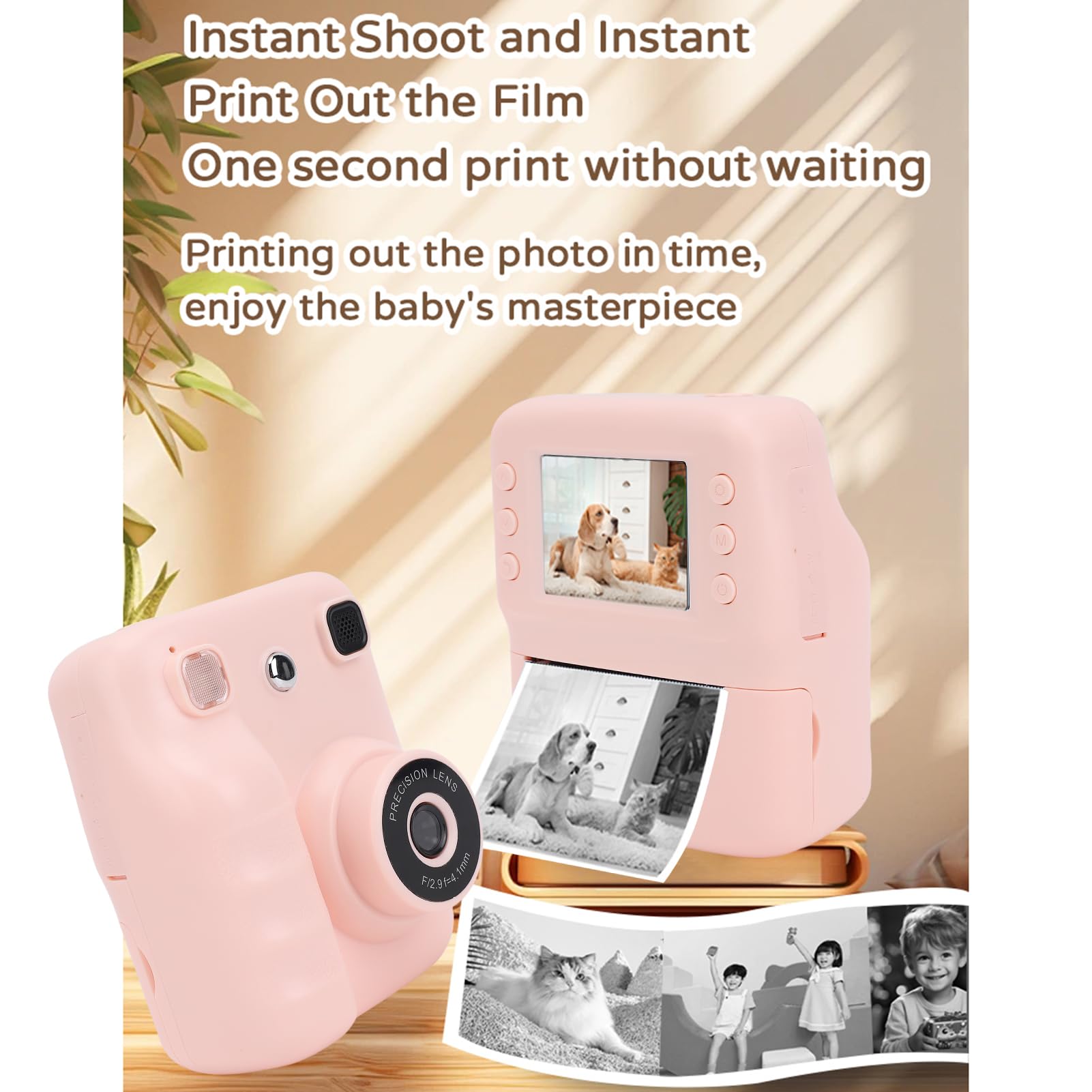 Garsent Kamera Instancyjna dla Dzieci, Aparat Cyfrowy 30MP z Ekranem HD 2.4 ", Drukowanie Jednego Kliknięcia, ładowna Drukarka Termiczna 200dpi z Naklejkami z Zabawy, 2 Papierowe Bułki, (PINK)