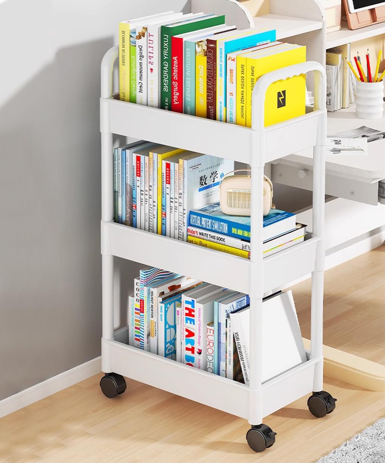 3 Livelli Carrello Cucina, Scaffale Plastica 38 × 25 × 76 cm, Bianco Carrello Ruote Portatutto Cucina Portaoggetti Multifunzionale per Bagno Ufficio Soggiorno Spazi Ristretti