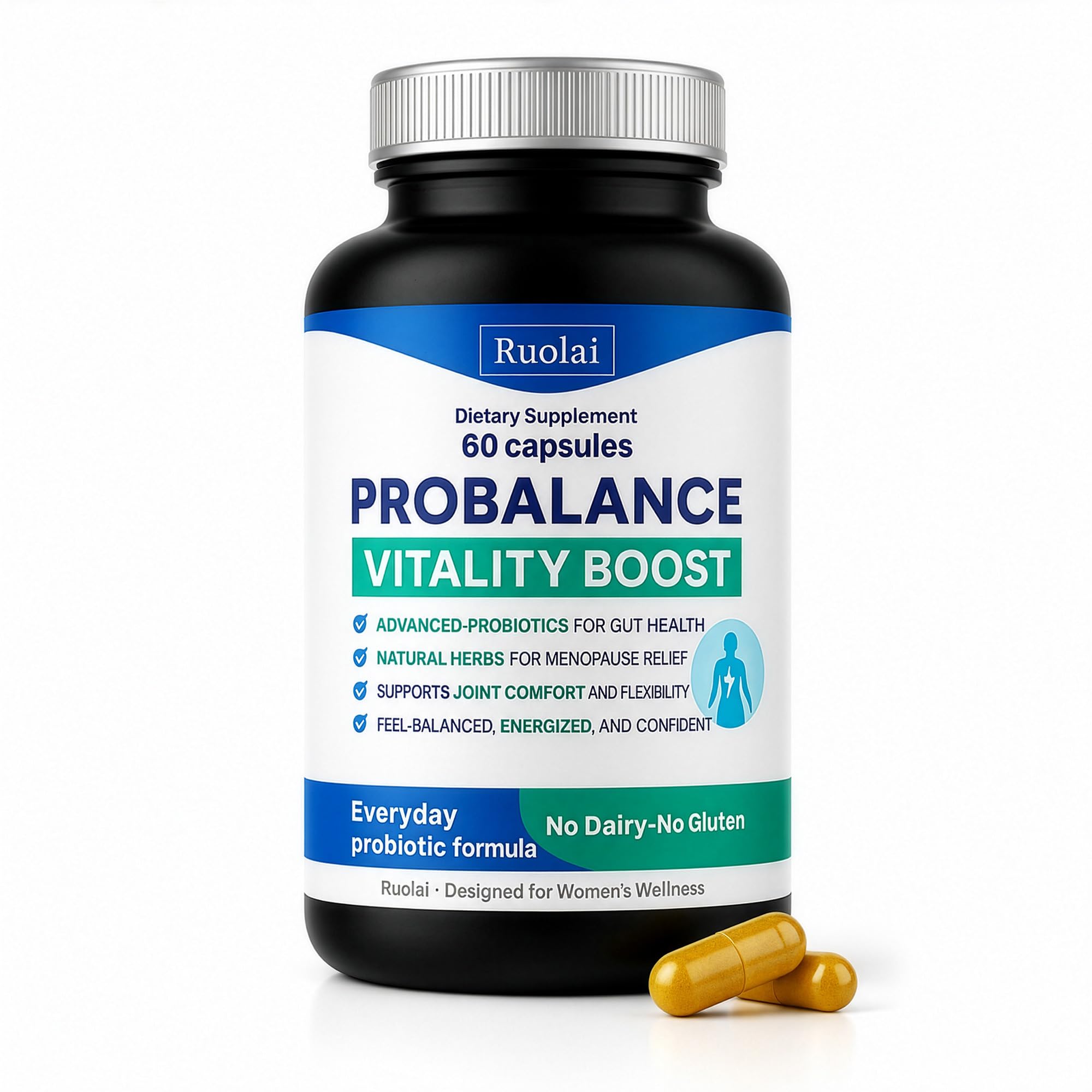 Ruolai ProBalance Probiotics for Women 68B CFU – Menopause, Bloat & Belly Support – Turmeric & Moringa – Digestive & Joint Health – 60 Capsules