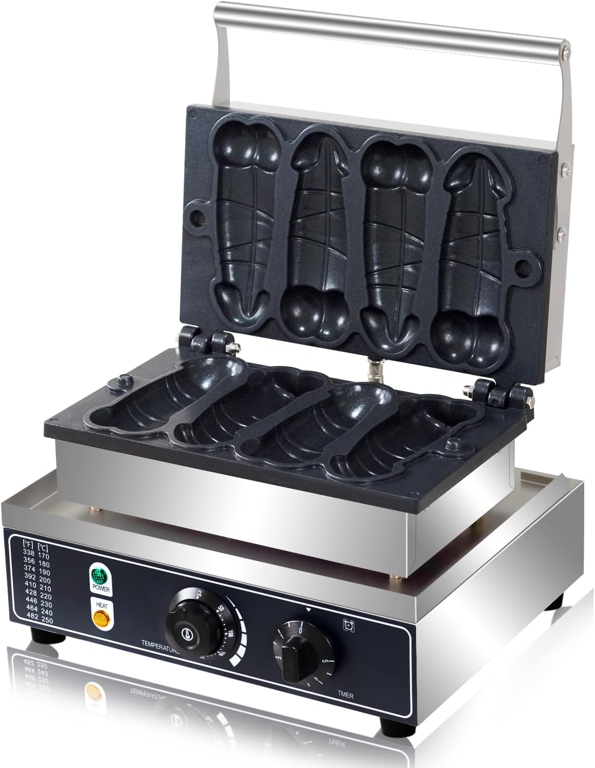 Commercial Strange Shape Waffle Machine 4 PCS Non Stick Penis Waffle Iron 1600W Stainless Steel Hot Dog Sausage Baker, for Restaurant, Snack Bar Dessert Shops
