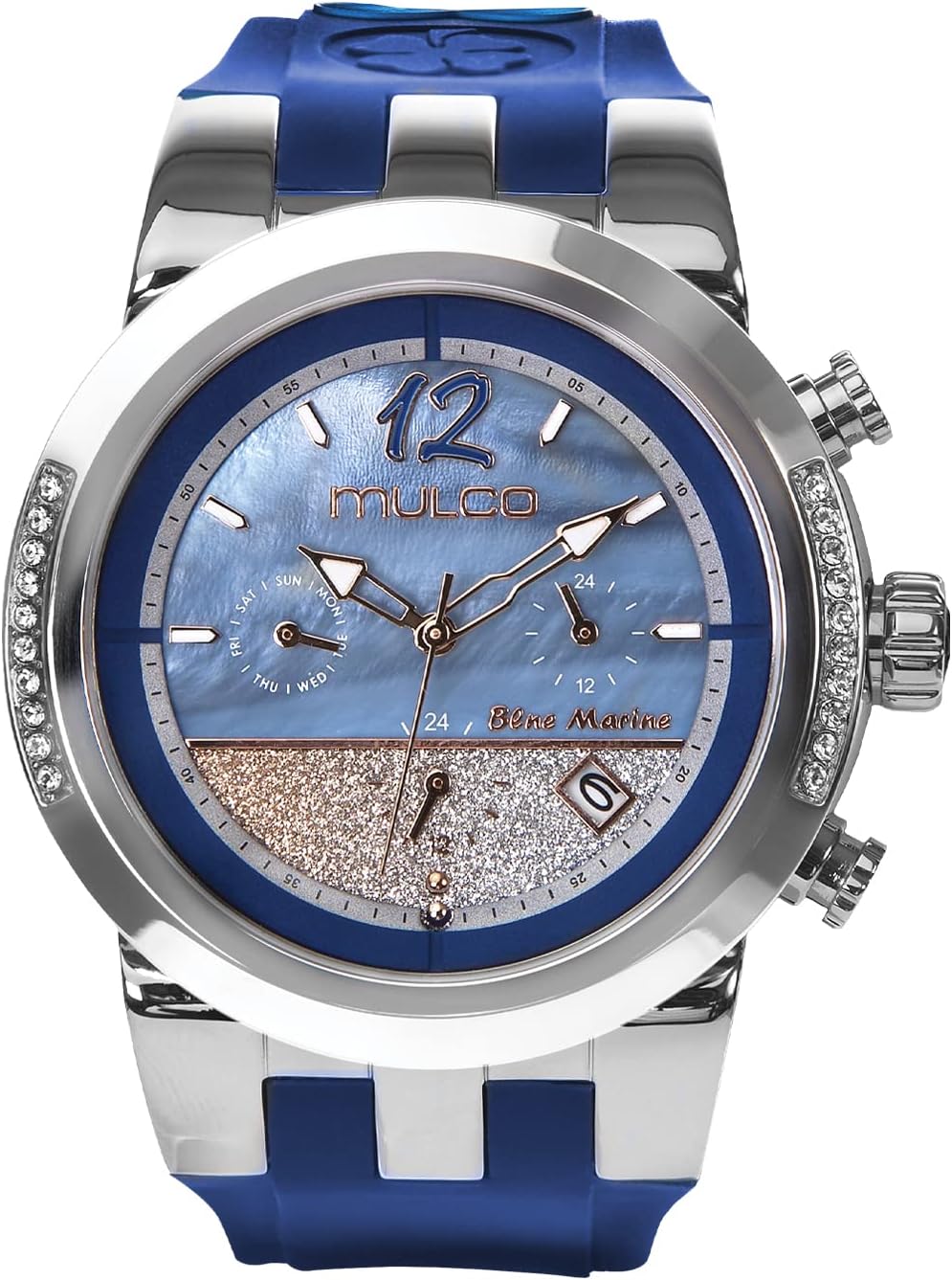MULCOWatches for Women - Blue Marine Infinity, Stainless Steel Case with Wrist Silicone Band, Quartz Multifunctional Movement Large Face Analog Display, Crystal Stones,100m-Waterproof
