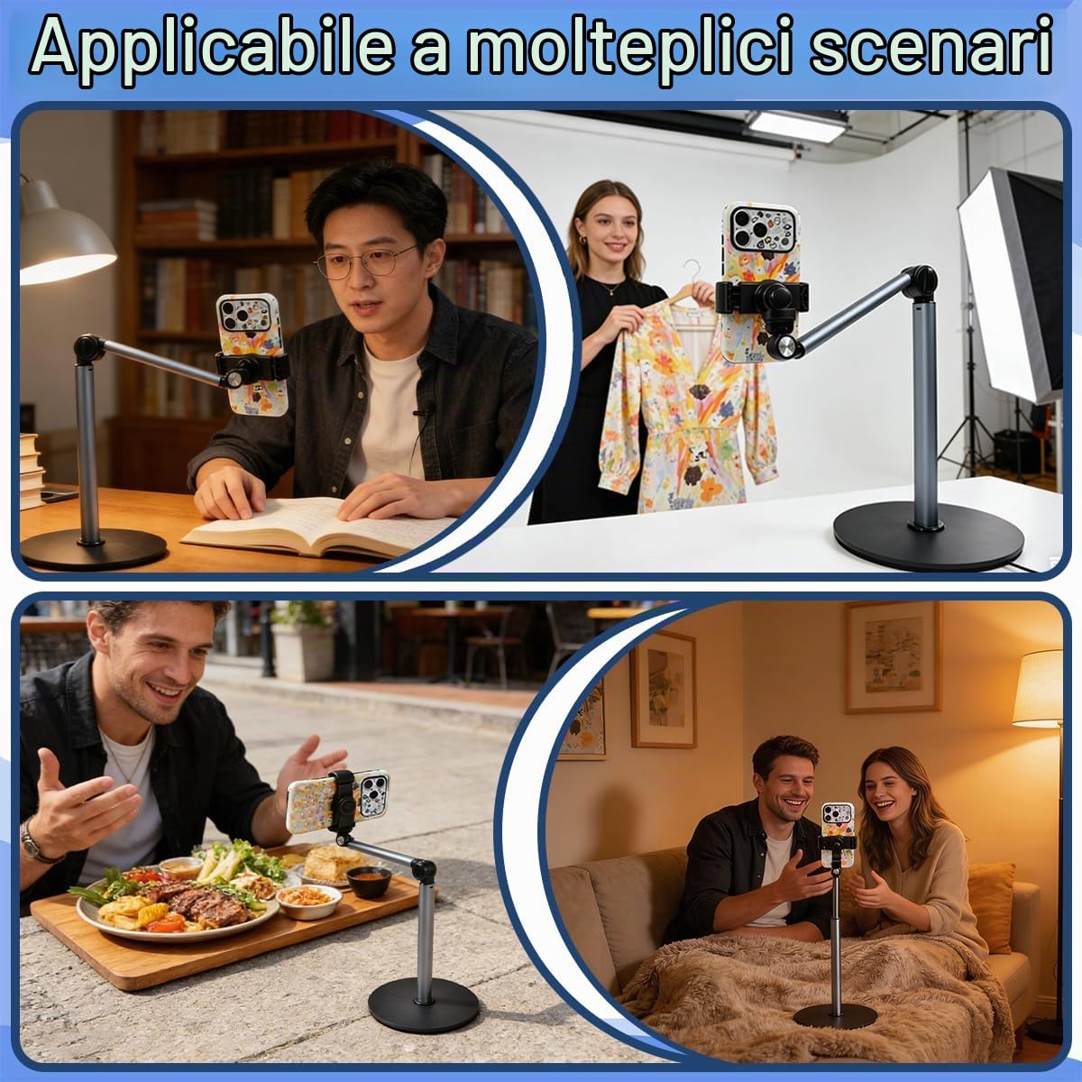 Supporto da Tavolo per Telefono Cellulare Supporto per Telefono con Braccio Telescopico e Rotazione di 360° PortaCellulare per Video con Robusta Base per Riprese Fotografiche Piatte Livestream