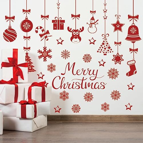 48.42 x 43.31 pulgadas, calcomanía de pared de Feliz Navidad, árbol rojo de Navidad, bola de luz de Navidad, copo de nieve, ciervo, calcomanía de