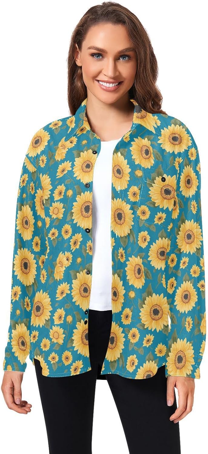 KLL Teal Sunflowers Womens Men's Slim Fit Rugby Shirts Vacation Long Sleeve Work Outfits