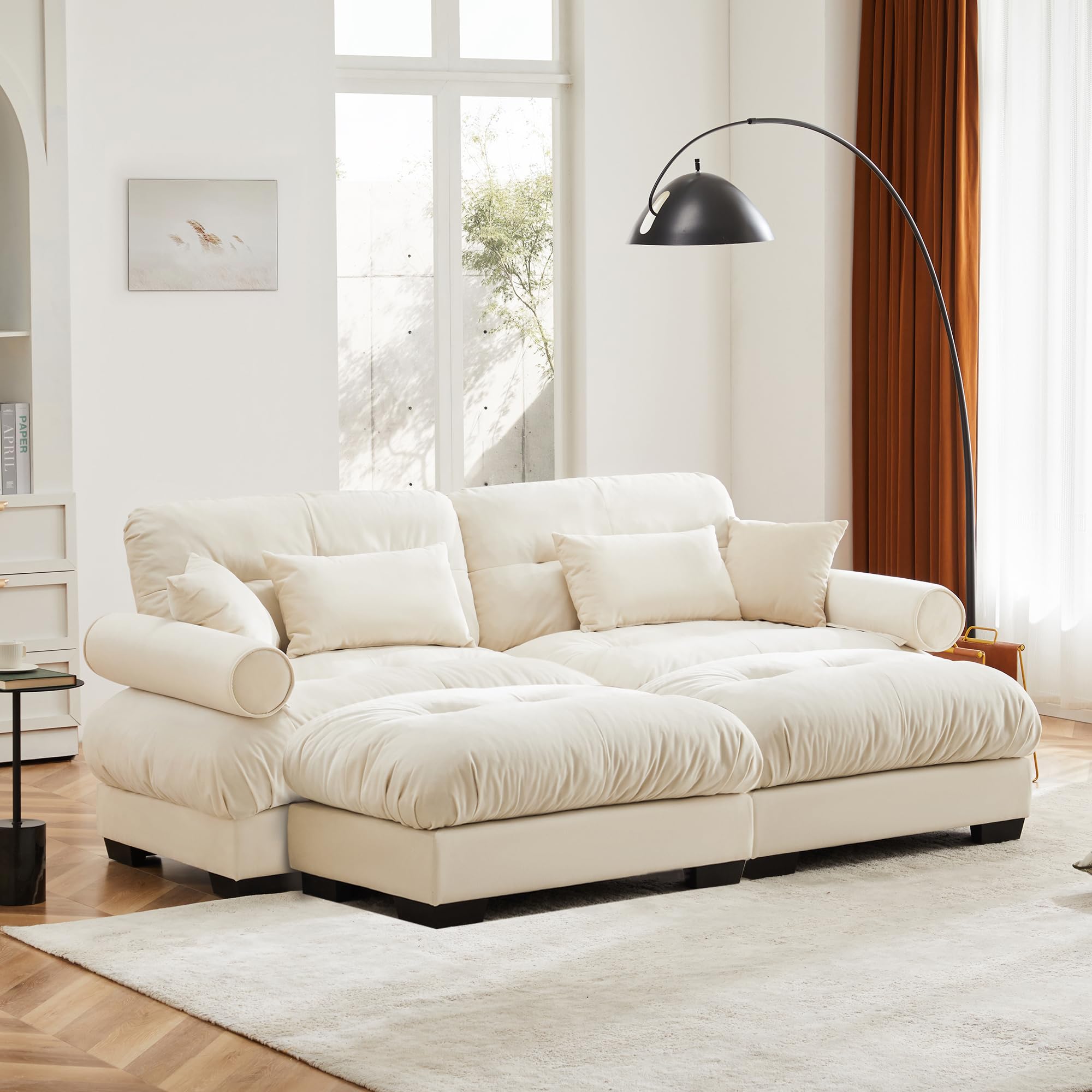 Ball &amp; Cast 93.7" Loveseat Modular Sectional Sofa,Modern Oversized 2 Seater L-Shaped Couch with Round Bolster Armrest,Waist Pillow and Throw Pillows,for Living Room,Home Theater,Apartment,Velvet,Cream