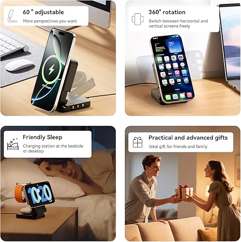 Miniatura 8 de Cargador inalámbrico 3 en 1, estación de carga plegable para Apple Samsung, soporte de carga magnético, estación de carga rápida de 15 W para