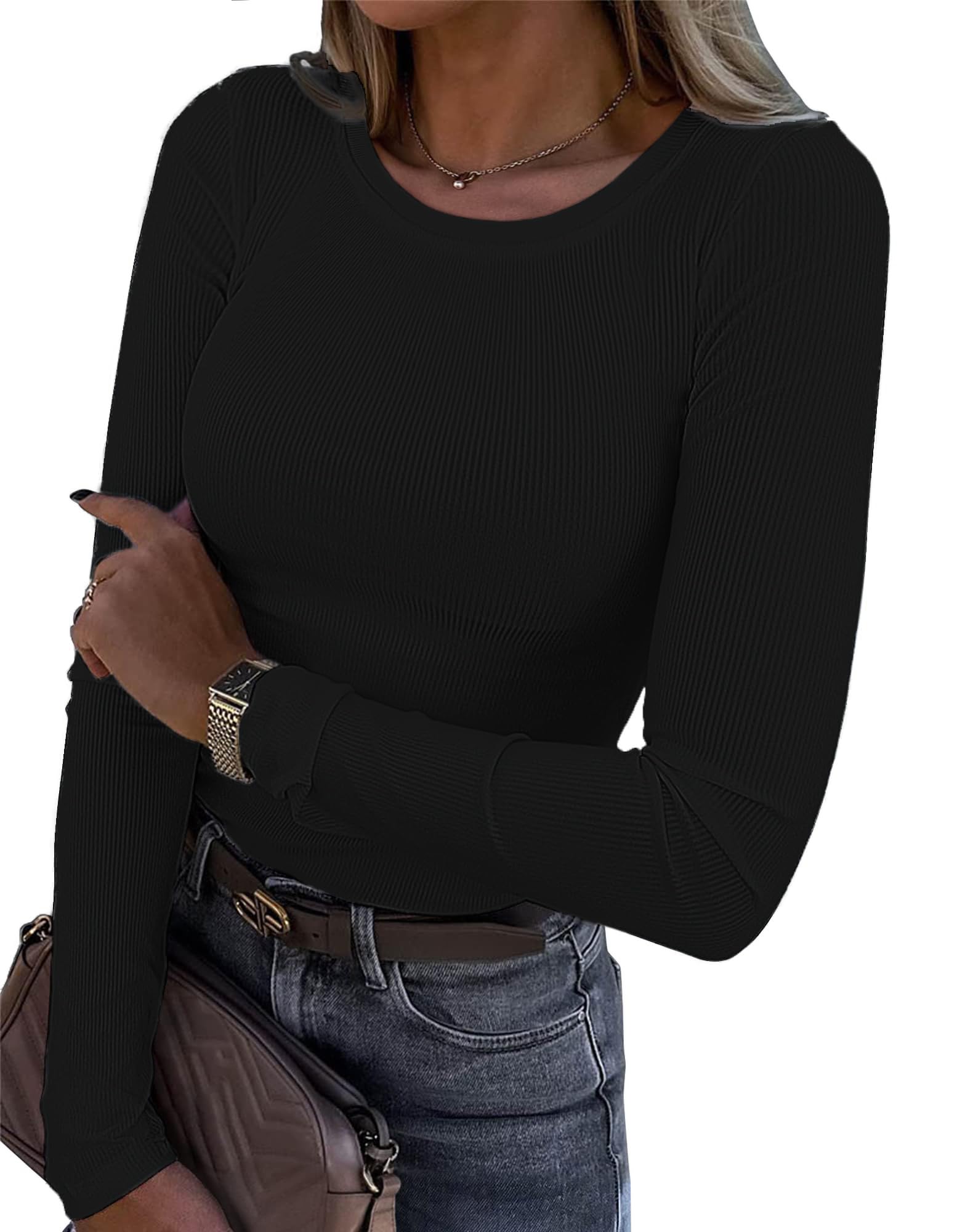 Damen Langarmshirt Rundhals Slim Fit Rippstrick Oberteil - Langarm Basic Tee Shirt Y2K T-Shirt Crop Tops Schwarz XS