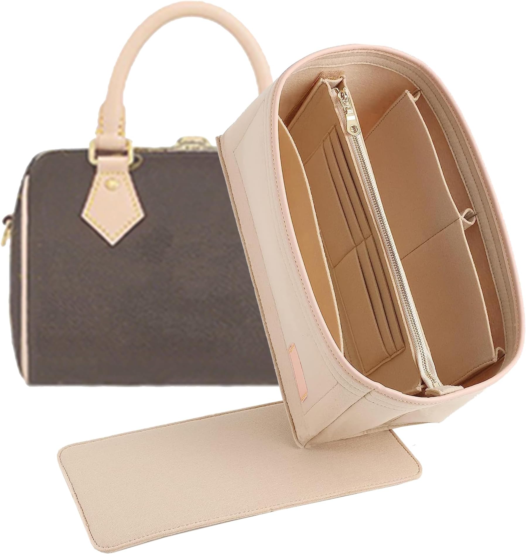 Doxo Purse Organizer Insert for Handbags & Base Shaper Combination,Tote Bag Organizer Insert with 6 Sizes,Compatible with LV Speedy & Neverfull ON THE GO and More (L-Beige)