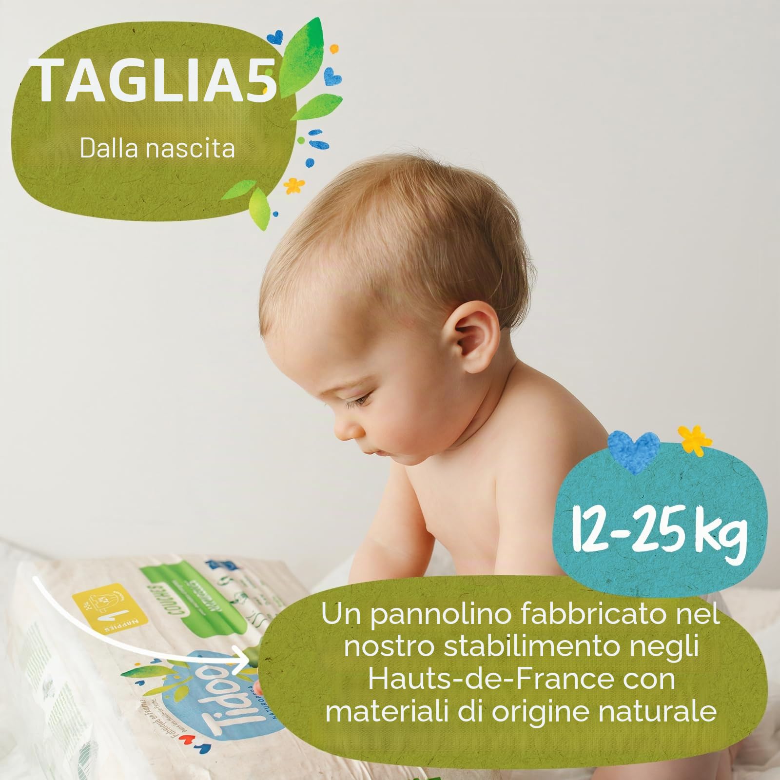 TIDOO - Pannolini misura 5 12-25 kg - Pannolini per bambini ecologici - Pannolini usa e getta con composizione naturale - Rispettoso delle pelli sensibili - 12 ore di protezione - Set di 3 x 40