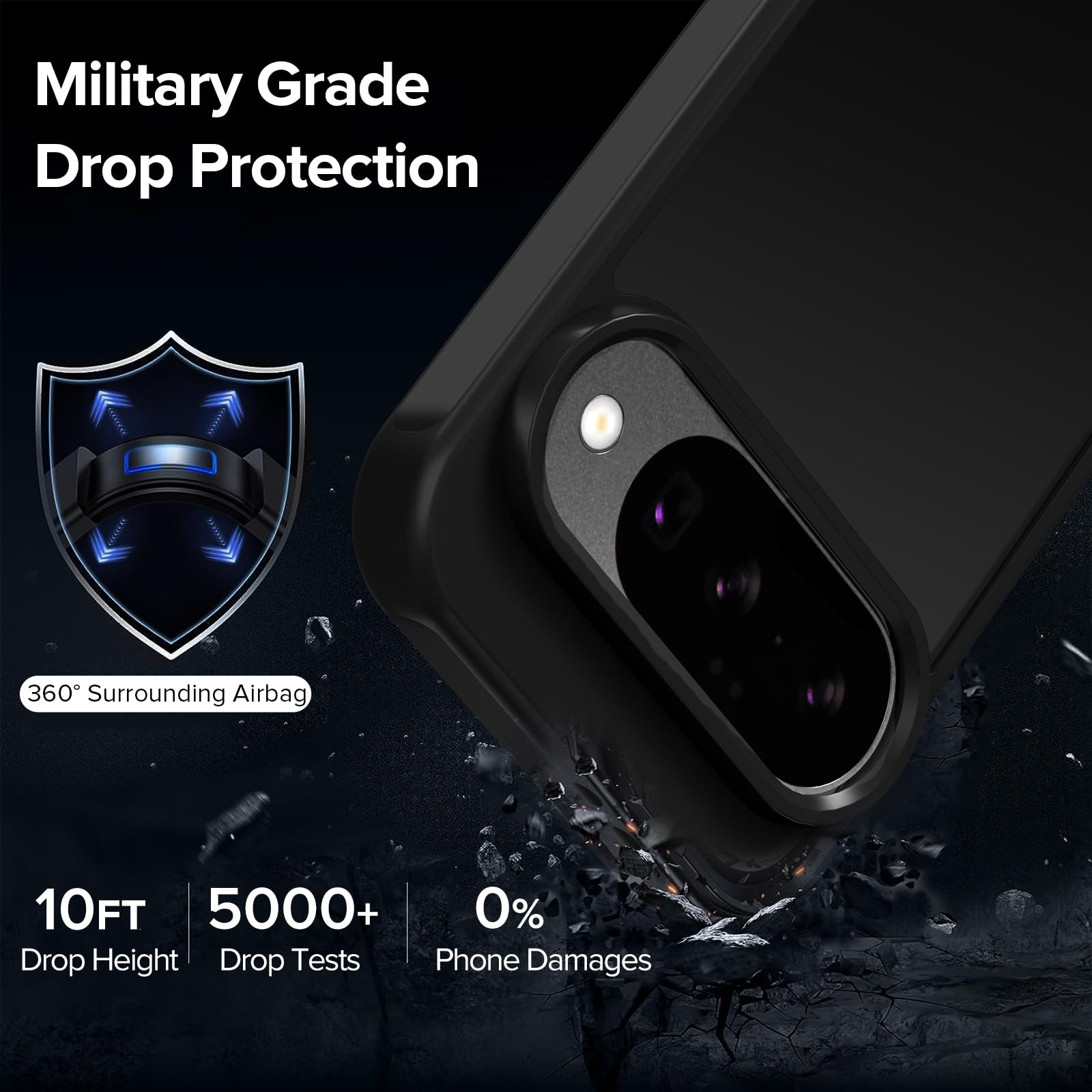 Custodia Protettiva Per Google Pixel 10/10 Pro Con Supporto Anello Girevole - Doppio Strato TPU+PC - Antiurto Militare - Nero - 5