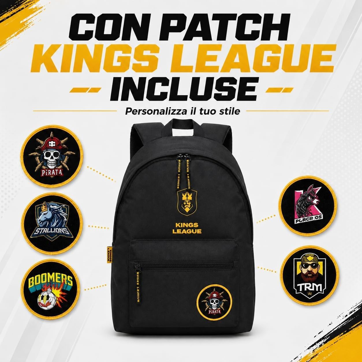 PRESTIGE & DELUXE Zaino Tondo americano - King League Patch Intercambiabile - per la scuola primari Bambini + Astuccio BOOMERS ovale zip + diario + Kit penne e portachiave calcio