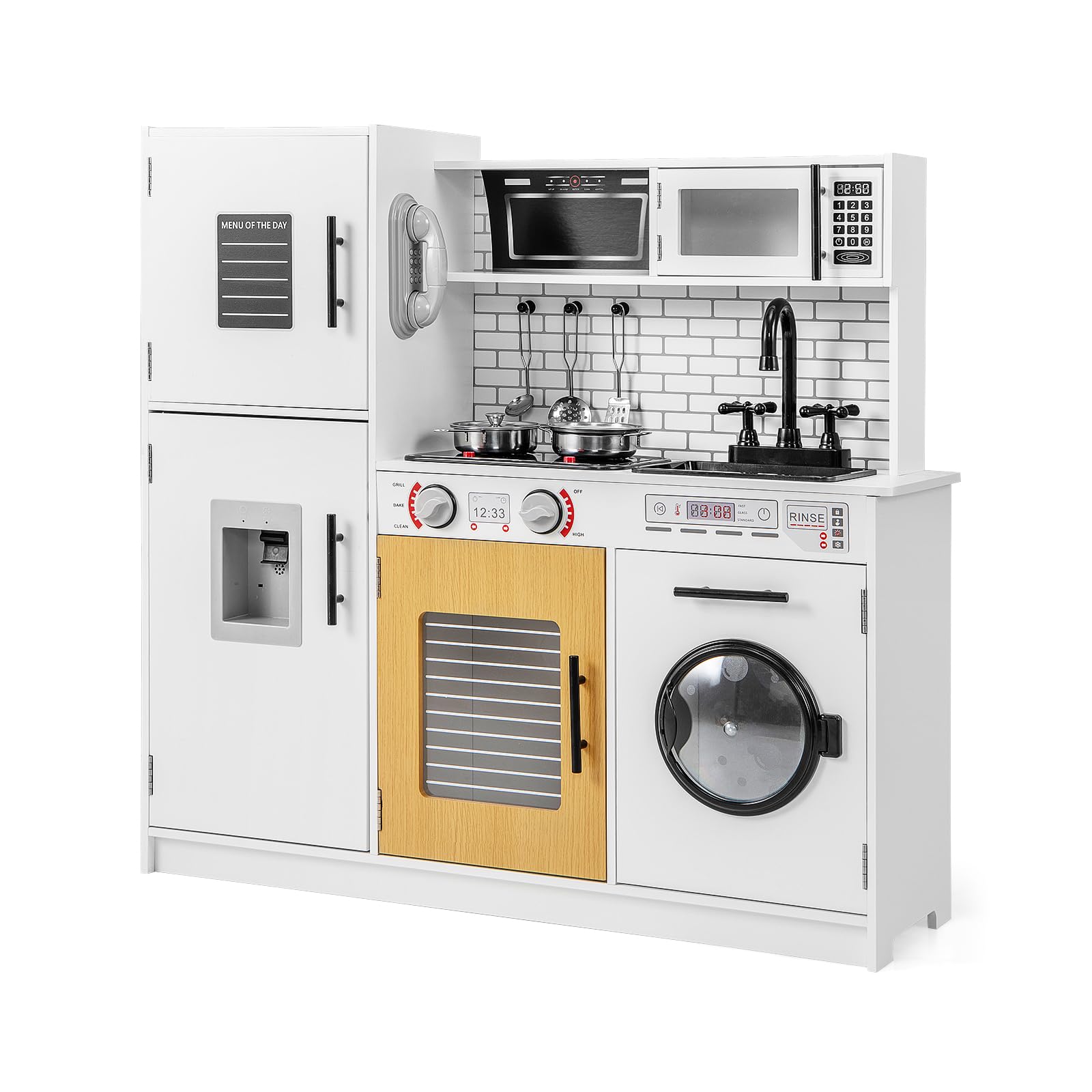 Cocina De Juguete De Madera GOPLUS Con Luz Y Sonido, 82 Cm, Incluye Microondas, Lavavajillas Y Fábrica De Hielo Para Niños De 3 A 6 Años