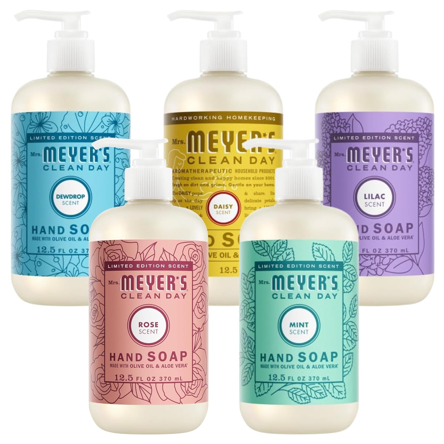 Mrs. MEYER'S Clean Day Liquid Hand Soap Variety Pack 12.5 Fl Oz Each, 1 CT (Rose + Lilac + Mint + Daisy + Dewdrop)