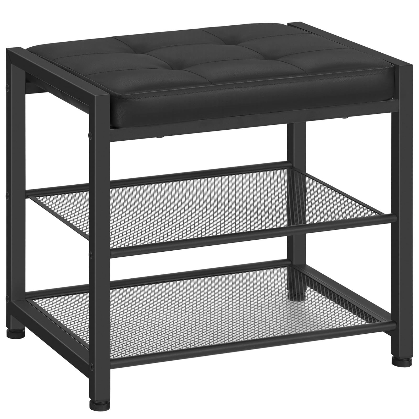 HOOBRO Small Shoe Bench, 3-Tier Shoe Rack, Shoe Storage Bench with PU Seat Cushion, Entryway Shoe Rack Bench with Metal Mesh Shelves, Freestanding Shoe Organizer for Hallway, Black EBB33RHX01