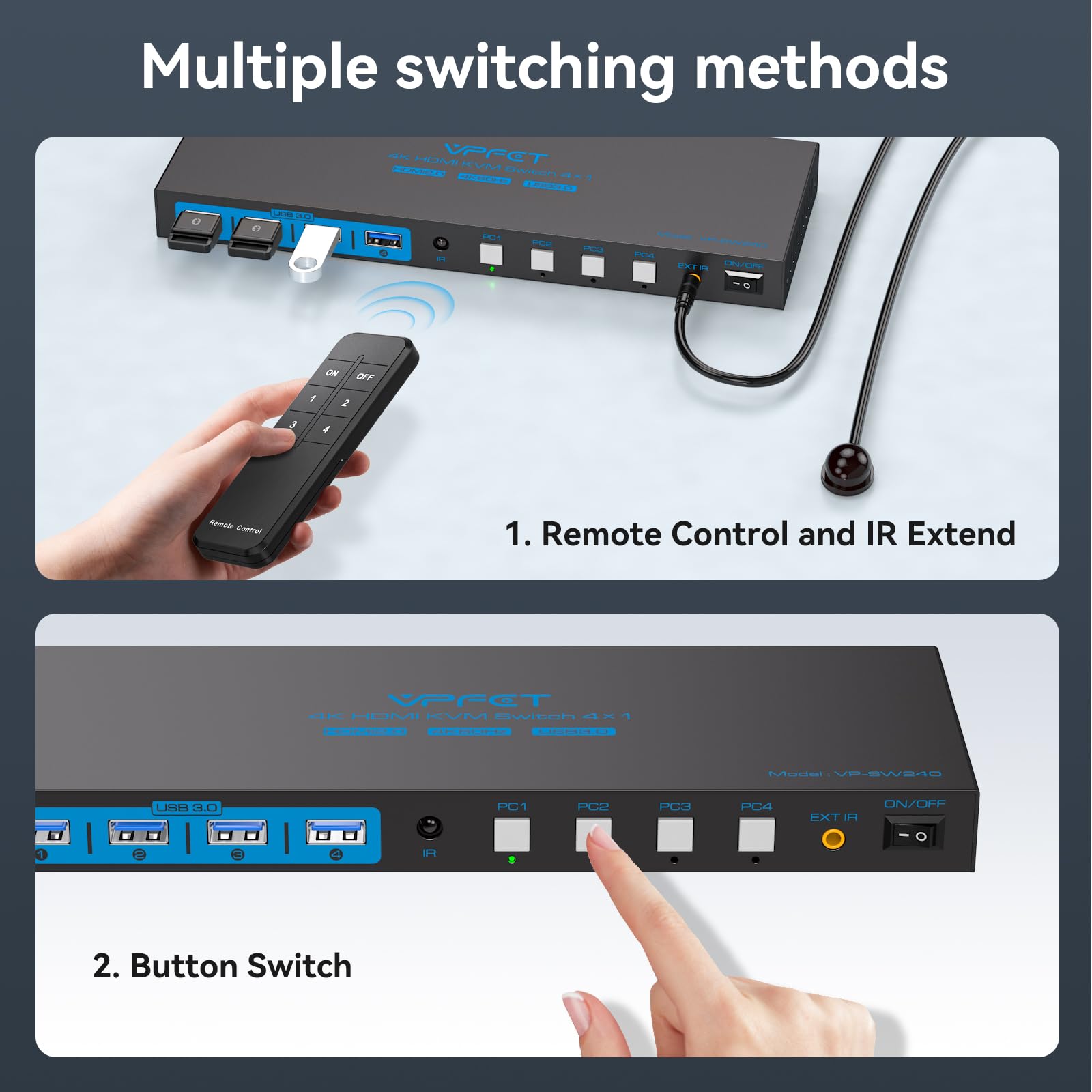VPFET Przełącznik KVM HDMI dla 4 komputerów i 1 monitora, USB 3.0, obsługa 4K przy 60 Hz, symulacja EDID, przełącznik KVM 4x1 do 4 komputerów, 1 monitor i 4 porty USB, mysz i drukarka z 4 kablami USB