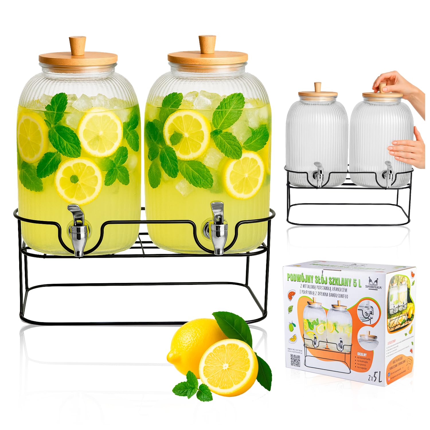 Getränkespender mit Ständer 2x 5L, Getränkespender Glas mit Zapfhahn, Glas-Wasser-Saft-Spender mit Hahn, Wasserkrug mit Hahn - 2 Stück