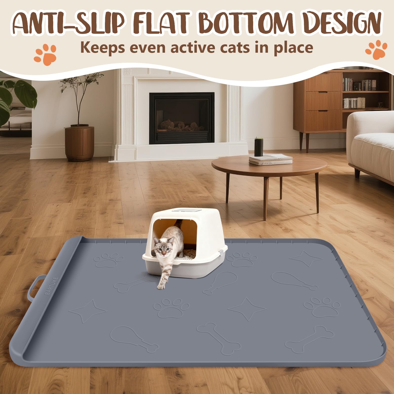 Tappetino per lettiera per gatti in silicone, con tasca di raccolta, grande, 106 x 71 cm, impermeabile, antiscivolo, con bordo e manico, tovaglietta per animali domestici per pavimenti