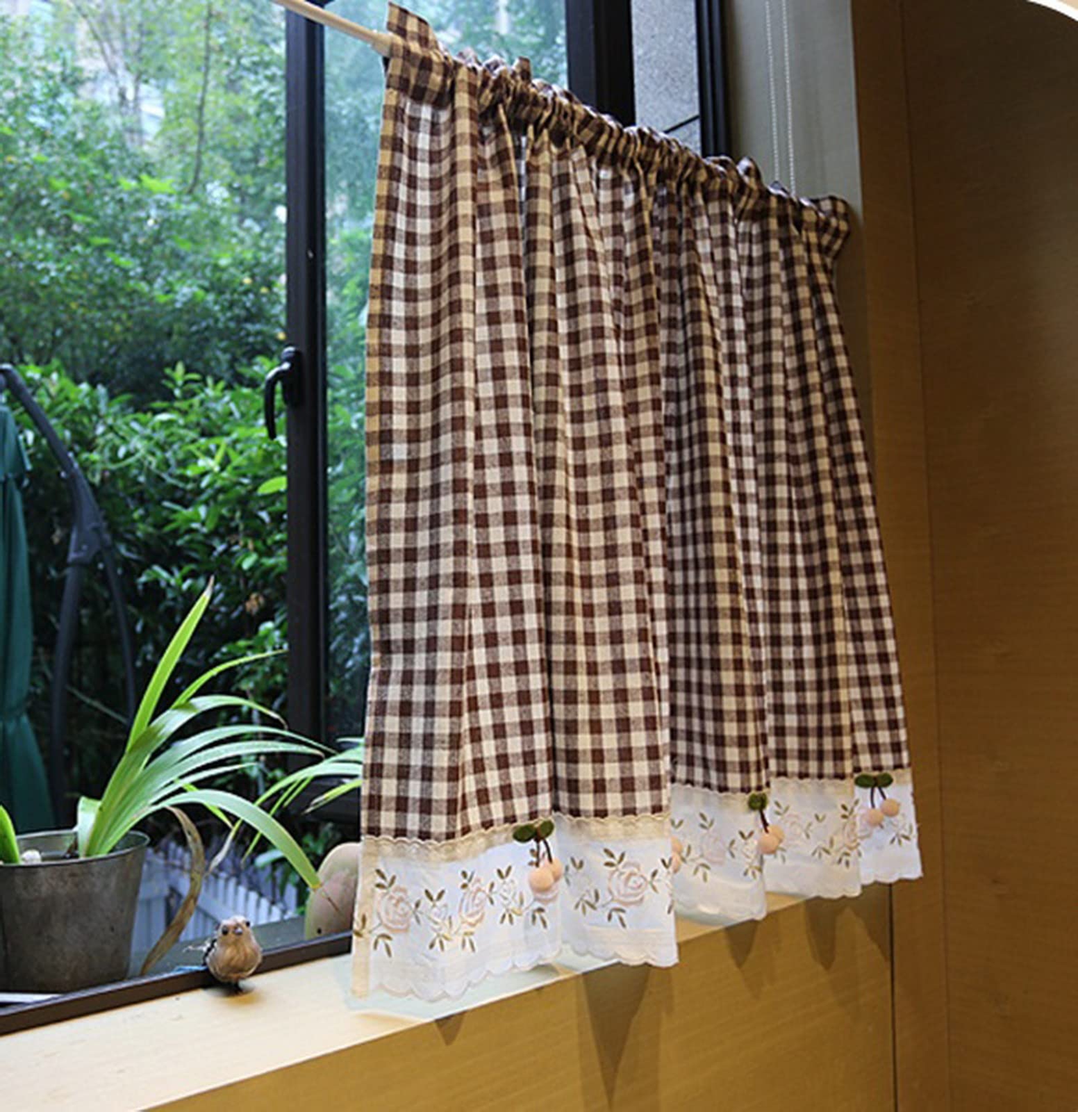 A.Monamour Tenda Corta per Finestra Piccola in Cotone a Quadri a Scacchi Marrone Con Rosa Ciliegia - Rurale Opaca da Cucina Bistrot Caffè - Mezza Mantovana a Vetro per Porta