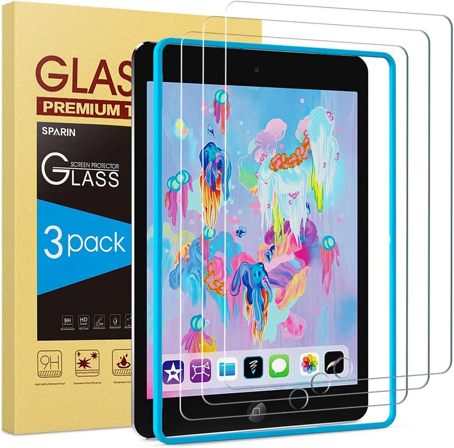 SPARIN 3 Pack Screen Protector for iPad 6th 5th Generation 9.7 inch | Tempered Glass Compatible with iPad Air 2 with Alignment Frame-Easy Installation