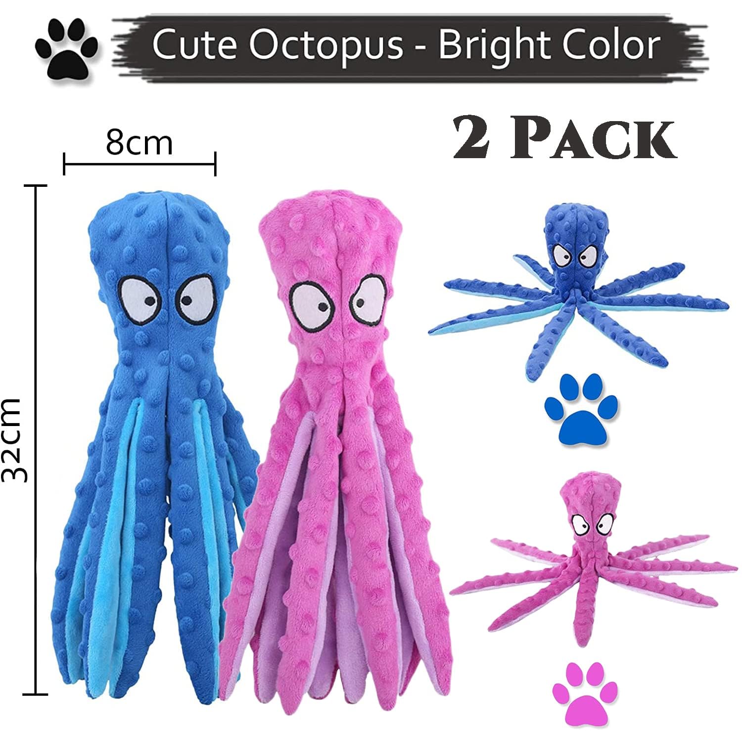 Acehome 2 Pcs Squeaky Dog Interactive Play Toy,No Stuffing Octopus Dog Chew Toy with Crinkle Paper for Medium and Large Dog Playing(Purple+Blue) - Image 2