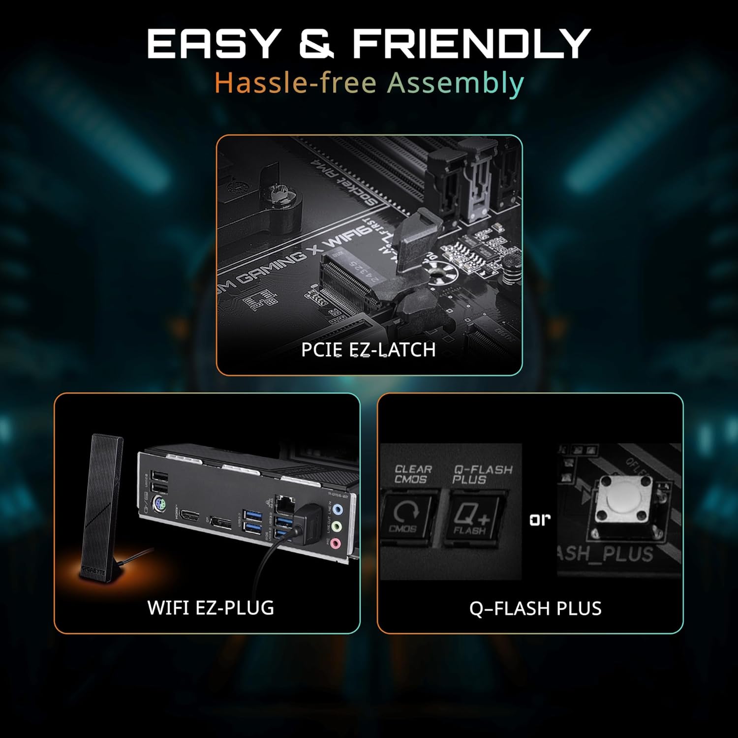 Rear I/O panel of the GIGABYTE B550M Gaming X WIFI6 Motherboard showing USB ports, HDMI, DisplayPort, Ethernet, Wi-Fi antenna connectors, and audio jacks.