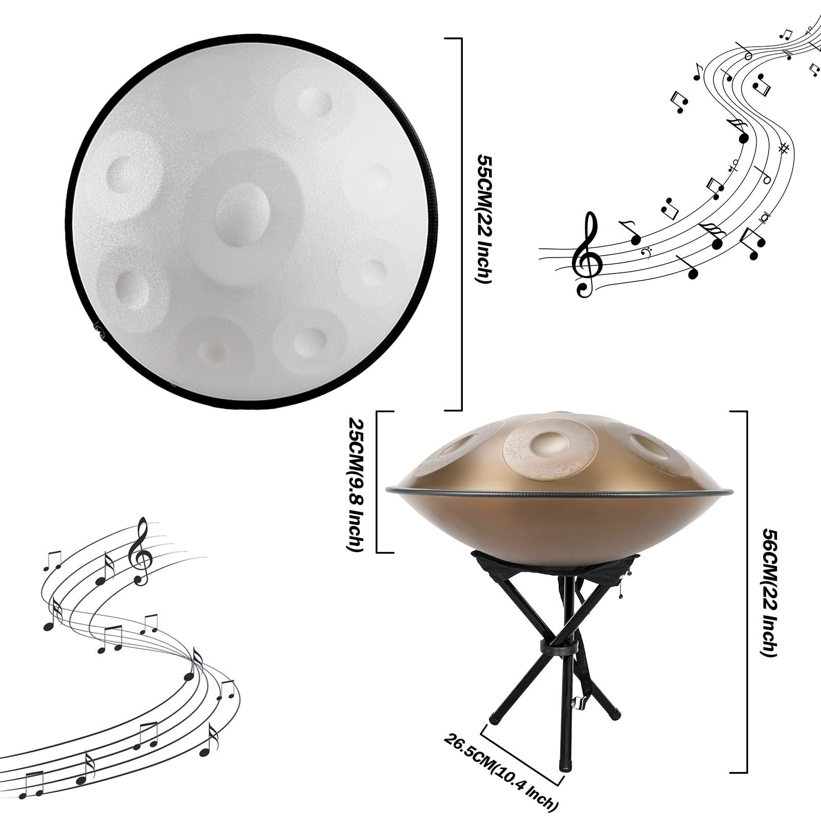 Handpan Drum 9 10 12 Tons 22 Pouces En Ré Mineur 432 Hz/440 Hz Instrument À Main, Tambour À Main En Acier Avec Sac À Main Souple, 2 Maillets À Main, Support À Main(Frosted white,9 Notes(440 Hz)