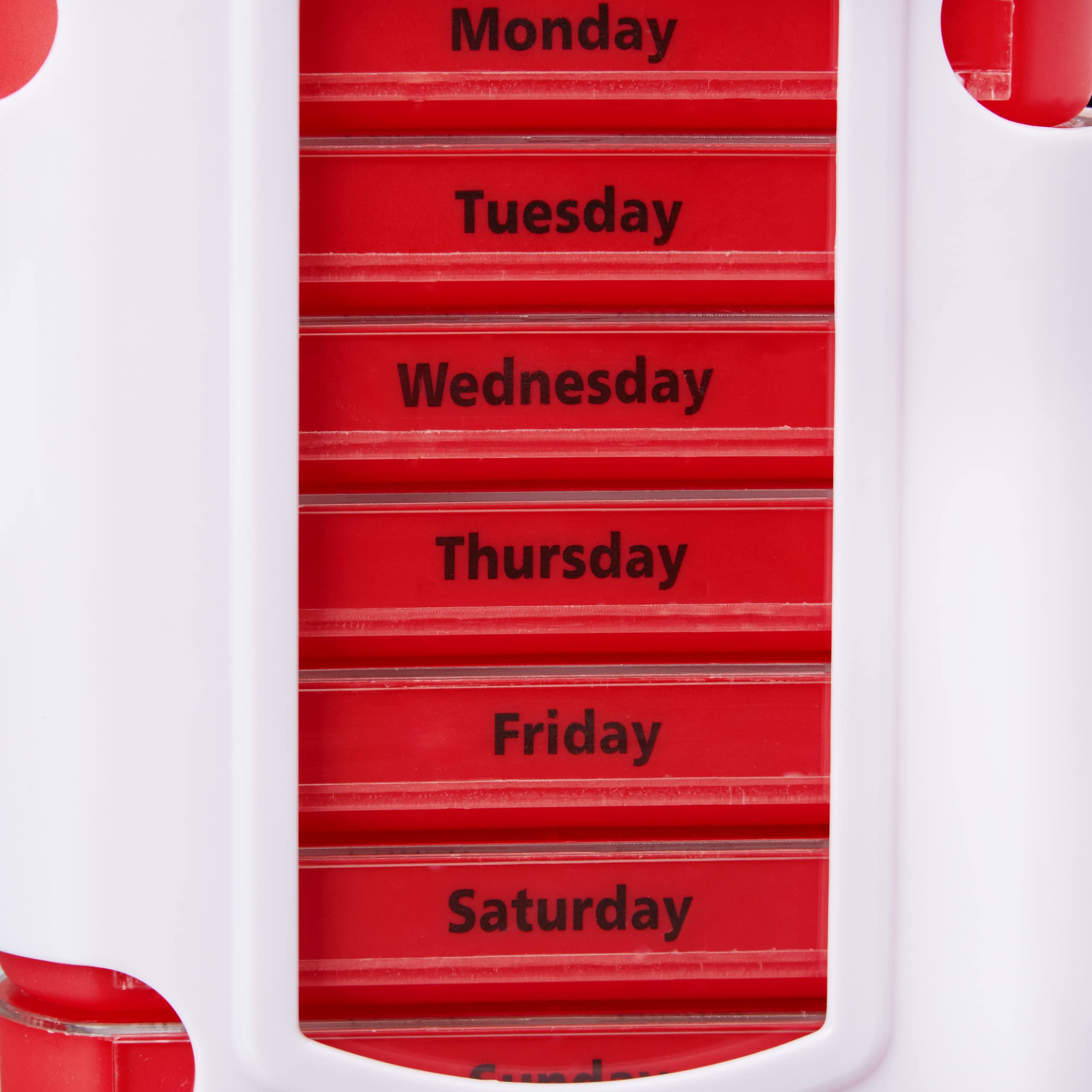 Relaxdays Pilulier 7 Jours, Lot de 5, 4 Compartiments, Inscription Anglais, semainier comprimés, Matin midi Soir Nuit, Blanc-Rouge | Anglais, boîte à médicaments avec couvercle coulissant