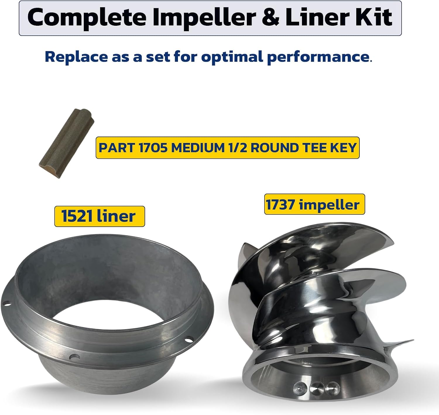 6 1/8 Outboard Jet Impeller Part No.1737 Polished Stainless with Flanged Liner Part No.#1521 and 1705 1/2 Round Tee Key,Fits Medium Jet Pumps for Yamaha, Mercury, Tohatsu, Honda, Johnson, Suzuki