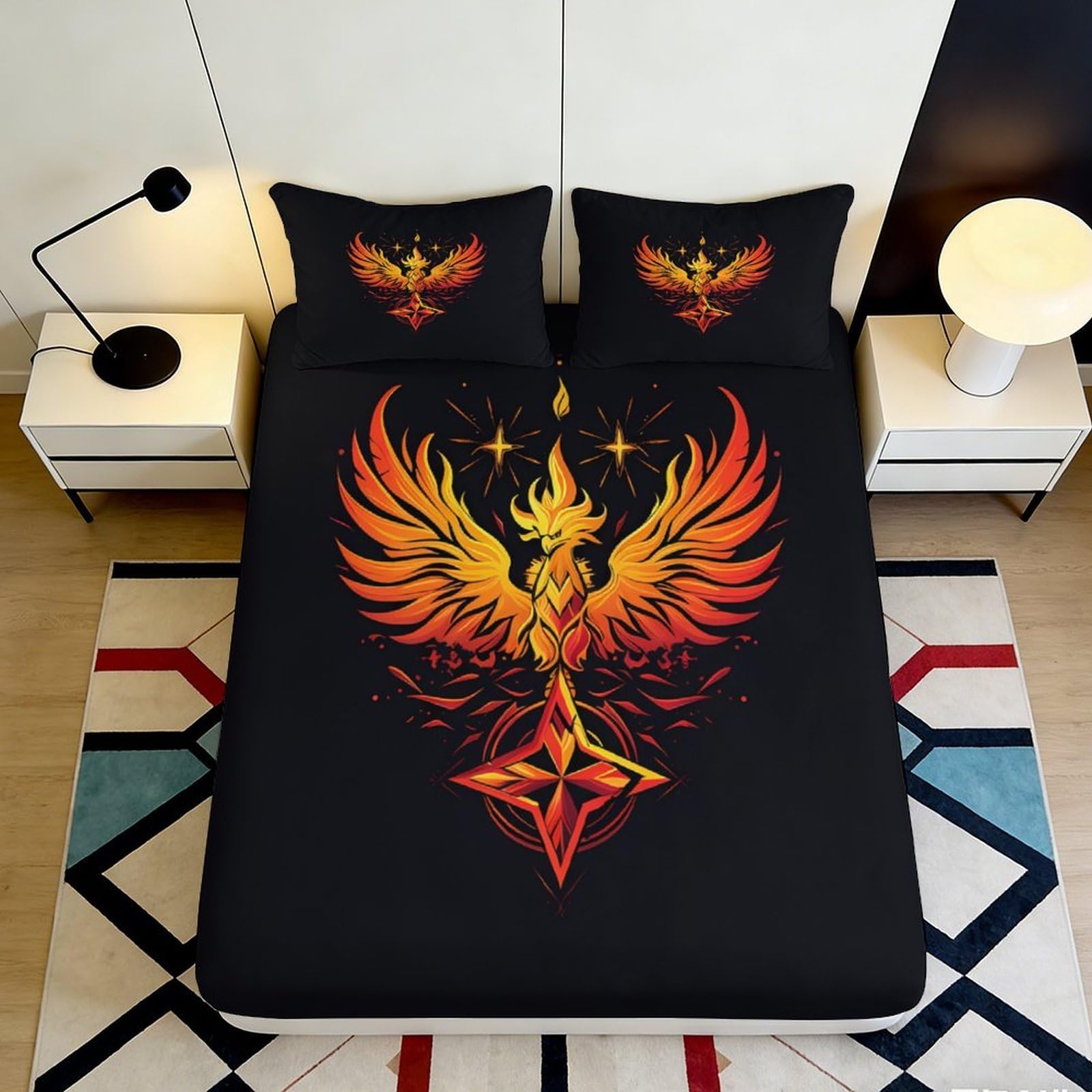 3D Printed Phoenix Fire Fitted Sheet Microfiber Soft Flame Bed Cover for Bedroom Guest Room Mattress Decor 90x200x25cm