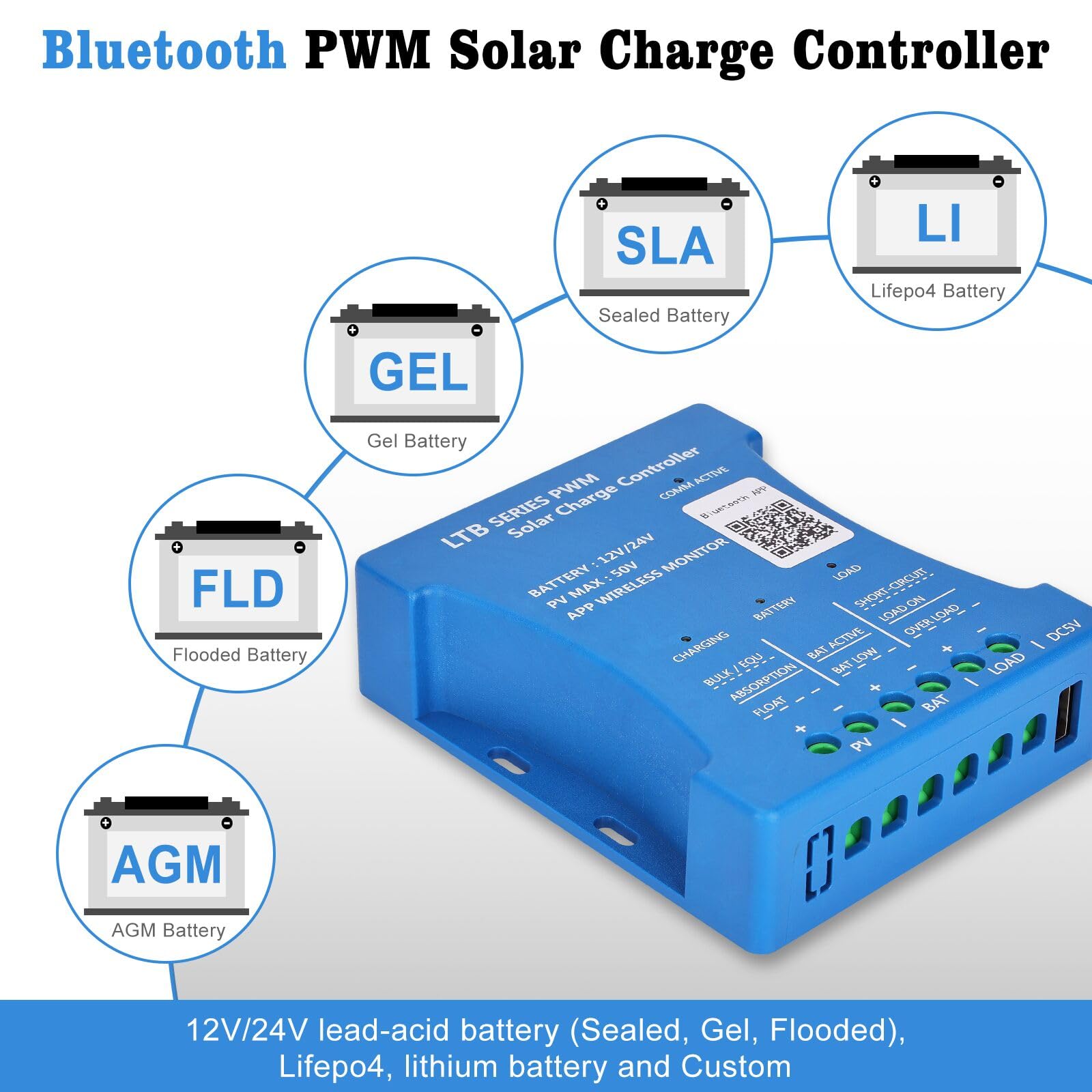 Regolatore Di Carica Solare DERUXI 20A PWM - Bluetooth, 12V/24V, Per Batterie Piombo E Litio