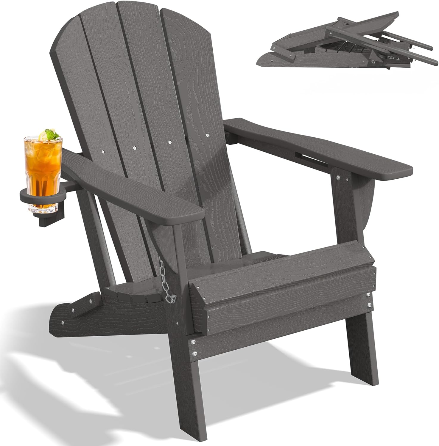 PLUUV Folding Adirondack Chair, Hdpe All-Weather Patio Chairs with Cup Holder, Wooden Textured Fire Pit Chairs, Outdoor Chair for Poolside, Backyard, Deck（Grey）
