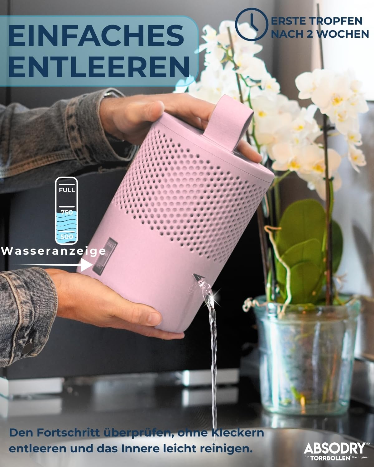 ABSODRY Luftentfeuchter ohne Strom bis - Inklusive Nachfüllpack - Aus recyceltem Kunststoff - Raumentfeuchter für Wohnzimmer Badezimmer Keller - Entfeuchter Wohnung - 4er-Pack (4 X Pink)