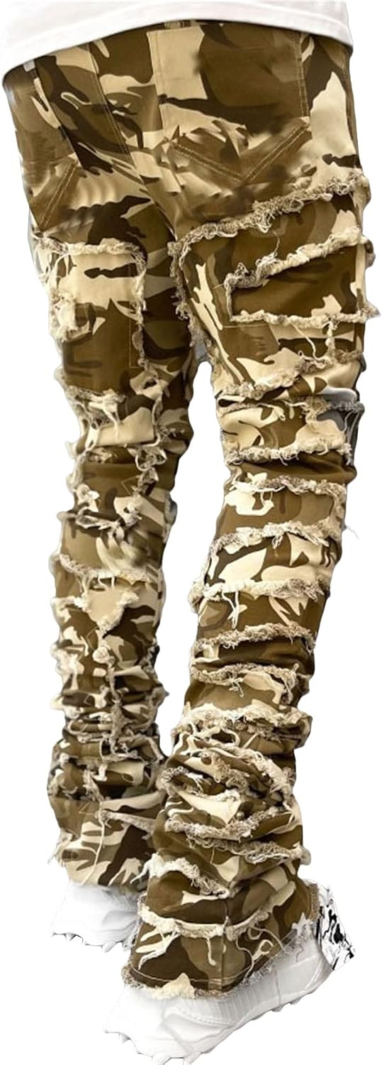 Men Slim Fit Patchwork Denim Pants Fashion Classic Stacked Ripped Jeans Casual Comfy Emo Hip Hop Trousers