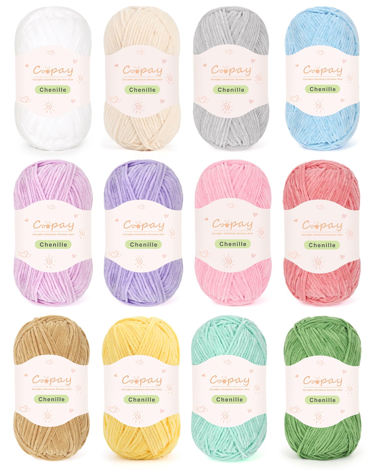 Coopay Chenille Wool for Crochet, 12 x 50g Soft Chenille Yarn Velvety Fluffy Fine Wool for Knitting Warm Plush Wool for DIY Colorful Crafts Blankets Plush