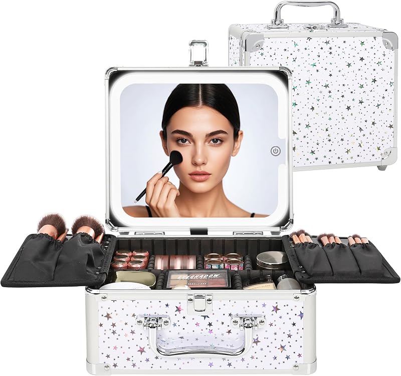 Maleta de maquiagem Relavel com espelho LED recarregável, divisórias ajustáveis e organizador de pincéis, Shining Star