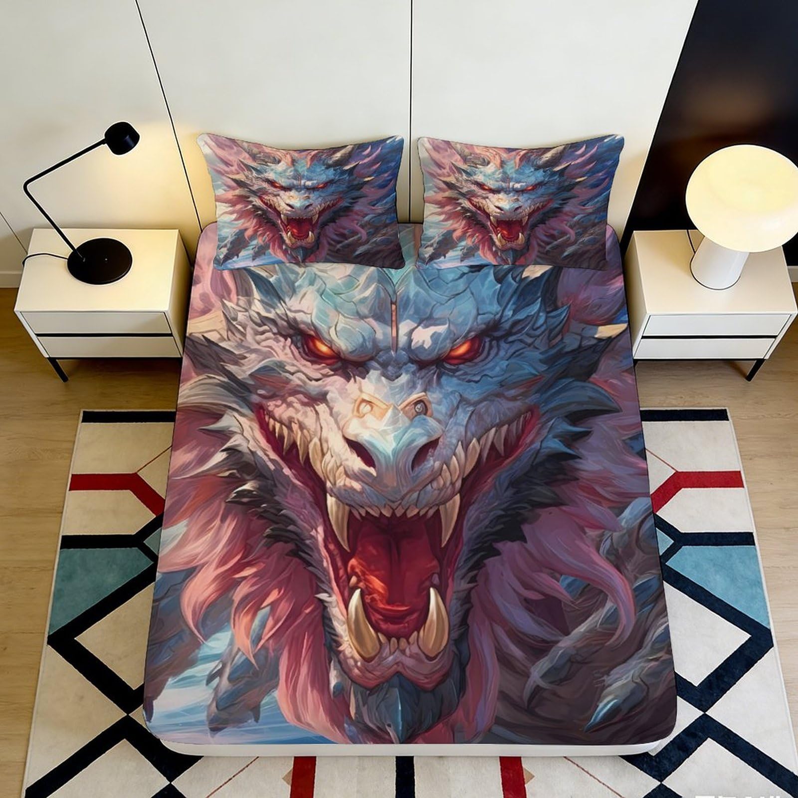 3D Printed Fierce Wolf Fitted Sheet Microfiber Soft Breathable Red Eyes Animal Mattress Cover for Bedroom Dorm Decor 90x200x25cm
