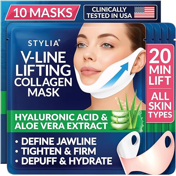 STYLIA V Line Lifting Collagen Mask - Lift, Firm & Contour Jawline - Tightening Double Chin Strap with Hyaluronic Acid & Aloe - Neck Lift & Face Tightening Mask - Jawline Shaper Face Lift Tape (10PC)